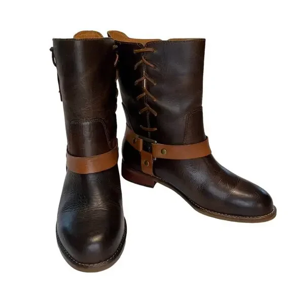 Latigo Women's Thistle Leather Boots Lace Up Harness Buckle Brown Size 7M - Picture 2 of 16